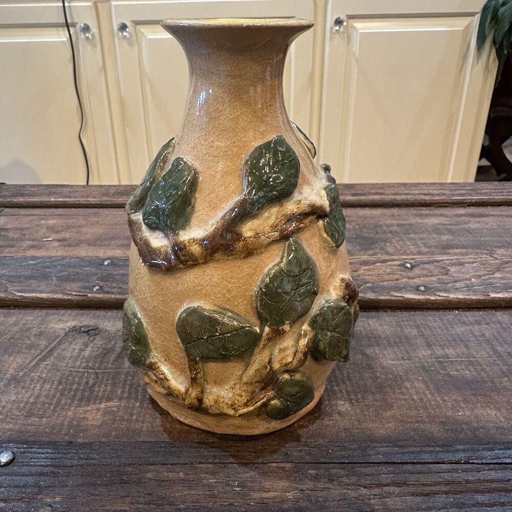 Vintage Pottery Glazed Ceramic Vase Raised Floral Design 6” Heavy